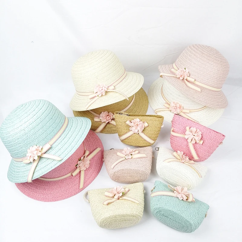 SUEF/ hot new cute rabbit head children straw hat girl princess hat travel student sunshade beach hat two-piece