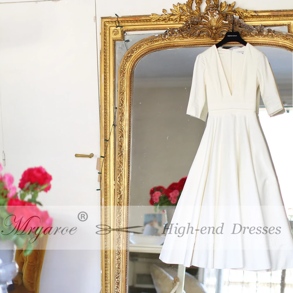 Mryarce Simple Elegant Short Wedding Dress Plunging V Neck Crepe Tea Length Dresses With Pockets Manivet Bridal Gowns (5)