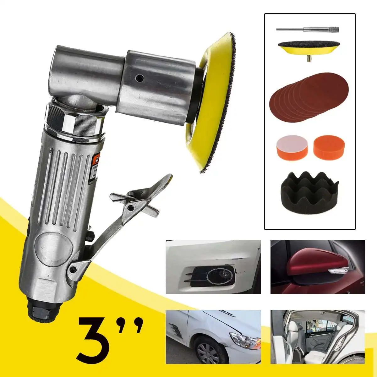 

14Pcs 3 inch Mini Air Sander Orbital Polisher Machine Pneumatic For Car Polishing Grinding Sanding+Screwdriver+Pad+M6 Thread