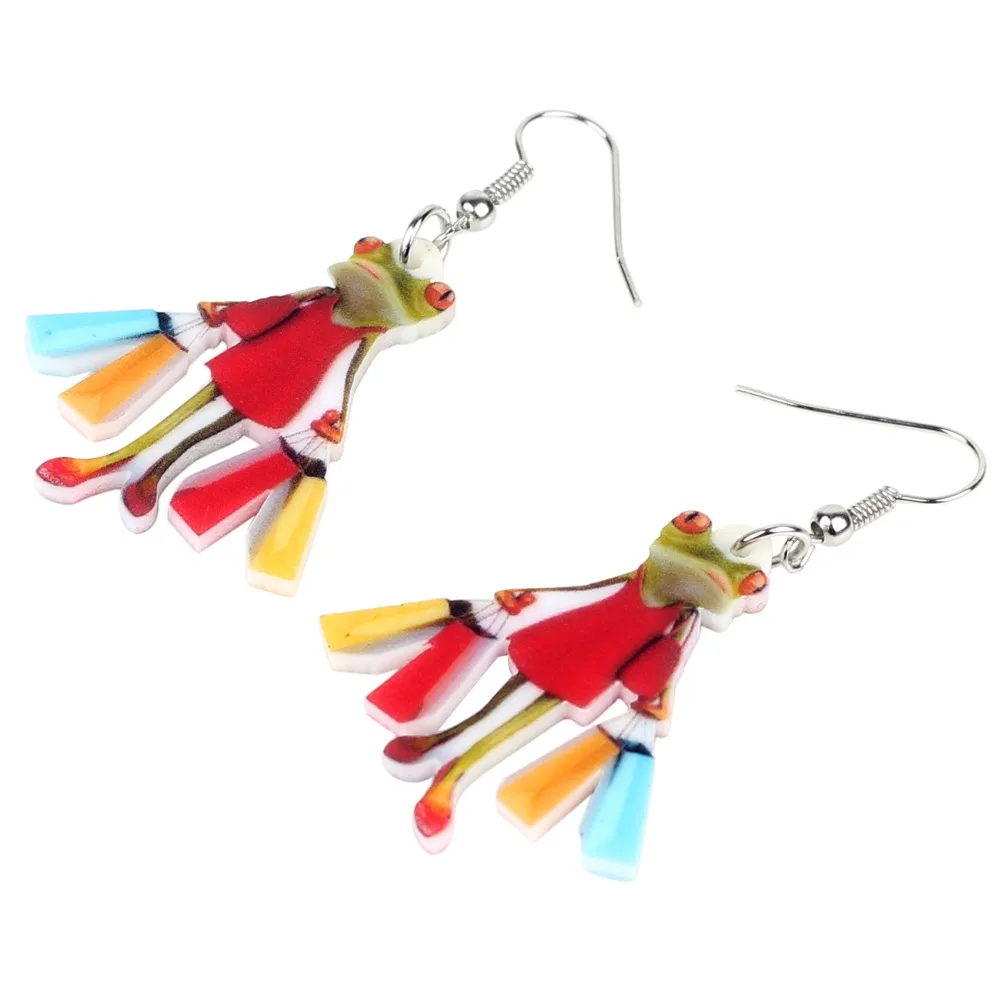 Bonsny Acrylic Shopping Lady Frog Earrings Drop Dangle Fashion Animal Jewelry For Women Girls Ladies Accessories Wholesale Gift