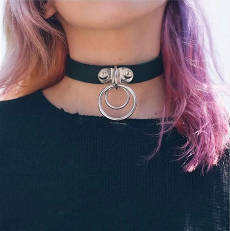 2016 Punk Harajuku Choker Necklace Black Leather Collar Chocker Double