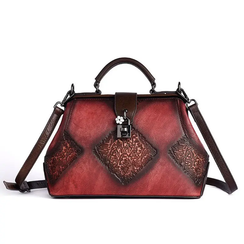 

Embossed Bolsos Women Genuine Leather Messenger Top Handle Bag Retro Trend Pillow Handbag Real Cowhide Female Shoulder Tote Bags