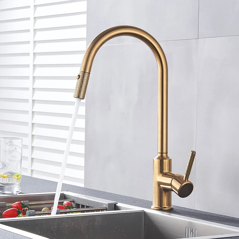  Quyanre Pull Out Kitchen Faucet Brushed Bronze Gold Kitchen Sink Water Tap 360 Rotation Kitchen Mix - 33030586839