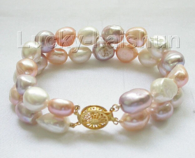 

Fast shipping8" 2row 12mm baroque white pink purple Multicolor pearls bracelet j8602