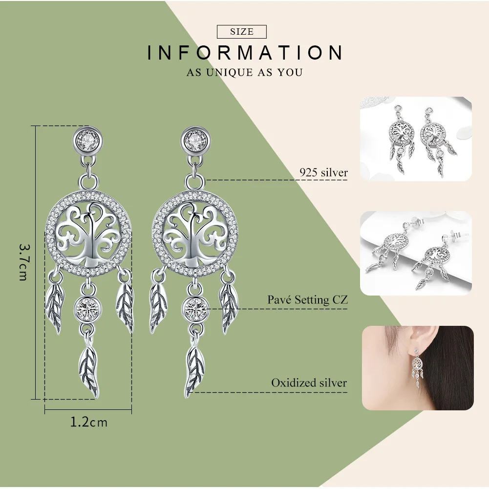BAMOER Fashion 925 Sterling Silver Tree of Life Dream Catcher Drop Earrings for Women Vintage Sterling Silver Jewelry SCE457 - Image 2