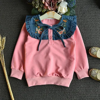 

Embroidery Flower Sweatshirt+Short Denim Skirts Casual Outfits Set Korean Version Autumn Fashion Baby Girl Long Sleeve