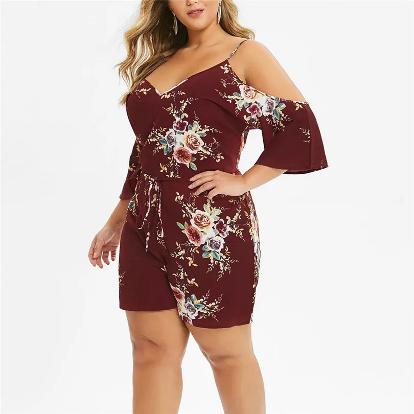  Womens Plus Size Bohemian Floral Casual Playsuits New 2019 Fashion Sexy Cold Shoulder Jumpsuit Bodysuit V-Neck Romper #E11 (21)
