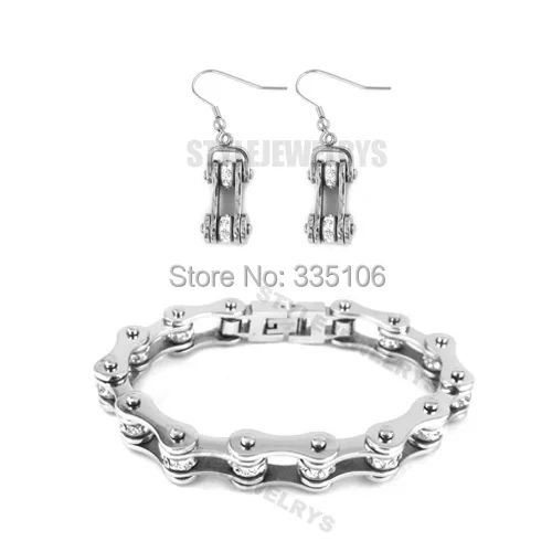 

Free shipping!Bling Silver Bicycle Chain Motor Earring and Bracelet Stainless Steel Jewelry Trendy Motorcycle Biker Set SJB0155S