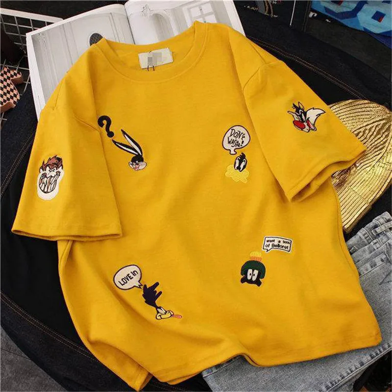 summer Women embroidery Loose t-shirt Casual Oversize T-shirt Femme Short Sleeve O-neck Tops Streetwear Harajuku Tshirts - Цвет: yellow