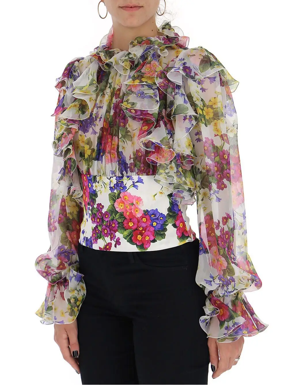 Осень взлетно-посадочной полосы дизайнерская блузка Для женщин Элегантная футболка с длинным рукавом и с цветочным принтом; шифоновая блузка с оборками рубашка