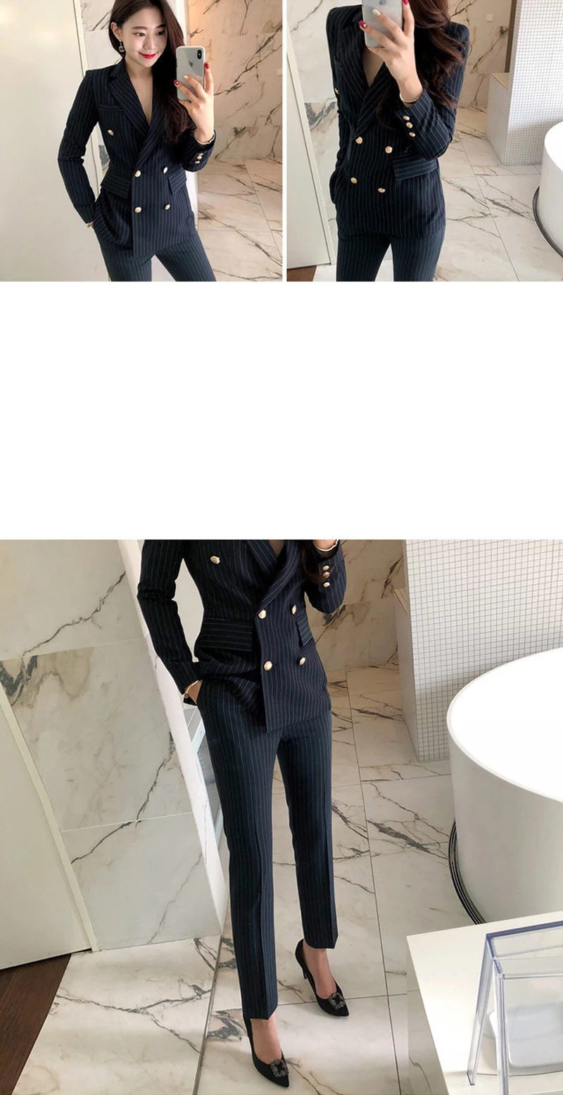 Офисный женский двубортный полосатый брючный костюм, приталенный Блейзер, пиджак и брюки-карандаш с высокой талией, OL стиль, комплект из 2 предметов