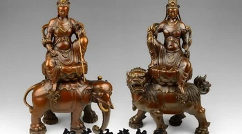 

20'' China Manjusri and Samantabhadra Ride Lion Elephant Buddha Bronze Statue