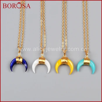 

BOROSA Mixed Colors Gold Color Wire Wrap Double Horn&moon crescent shape Rainbow Shell Pendant 16inch Necklaces G1123-N