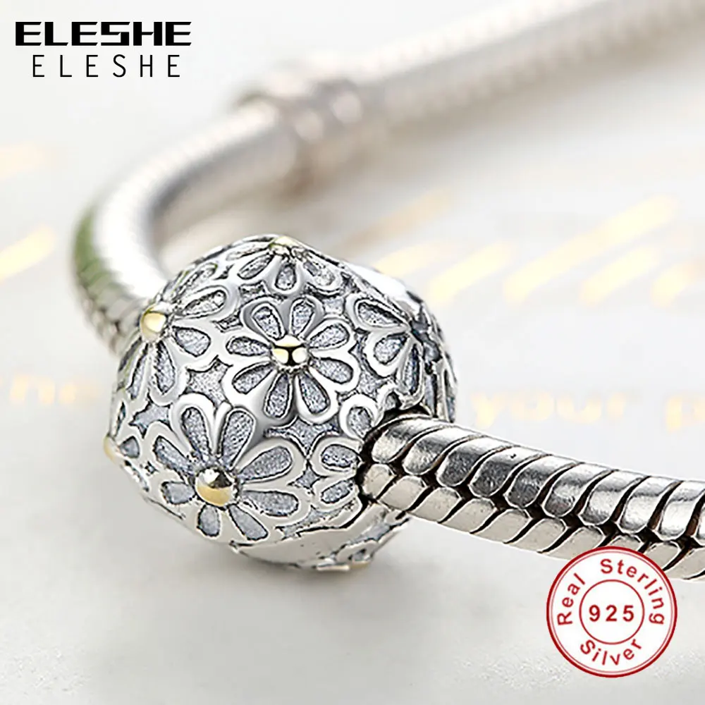 ELESHE New Fashion Real 925 Sterling Silver Daisy Flower Clip Charms Bead Fit Original Bracelet Bangle Authentic Jewelry