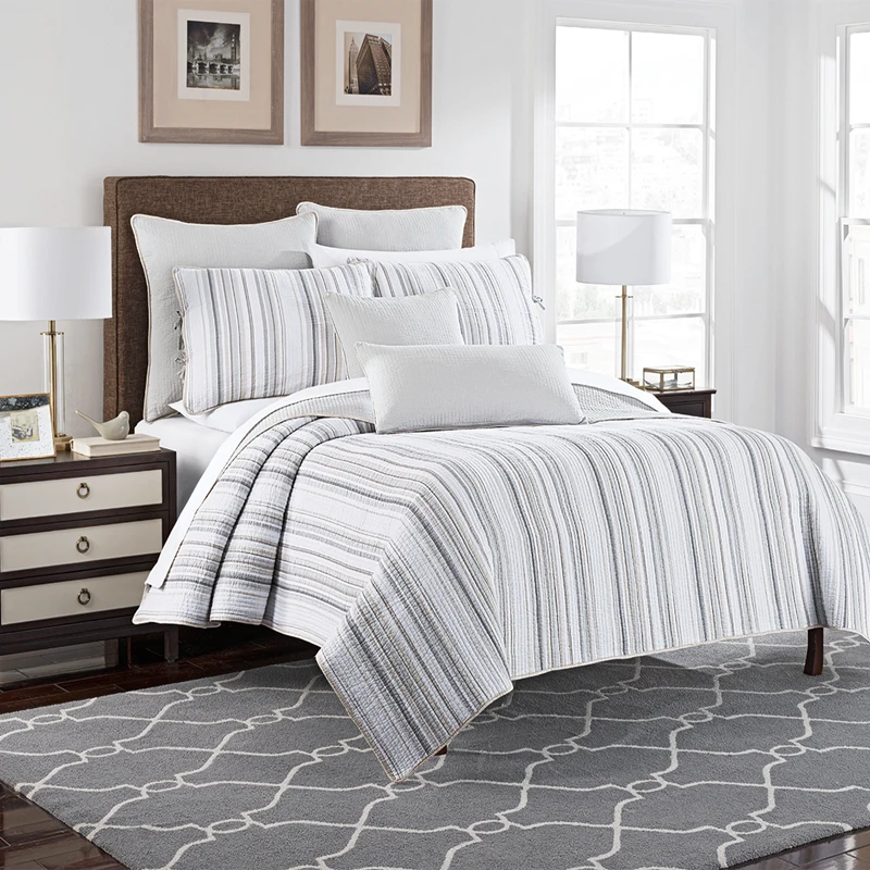 American Beige Cotton Coverlet Embroidery Brief Stripe Quilting Beige Cotton Coverlet Embroidery Brief