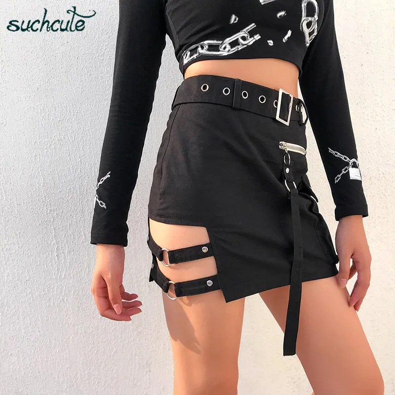 

SUCHCUTE Women's Skirt Metal Belt Black Irregular Autumn 2019 Pleated Party Sexy Punk Wrap Hip Streetwear Gothic Female Skirts