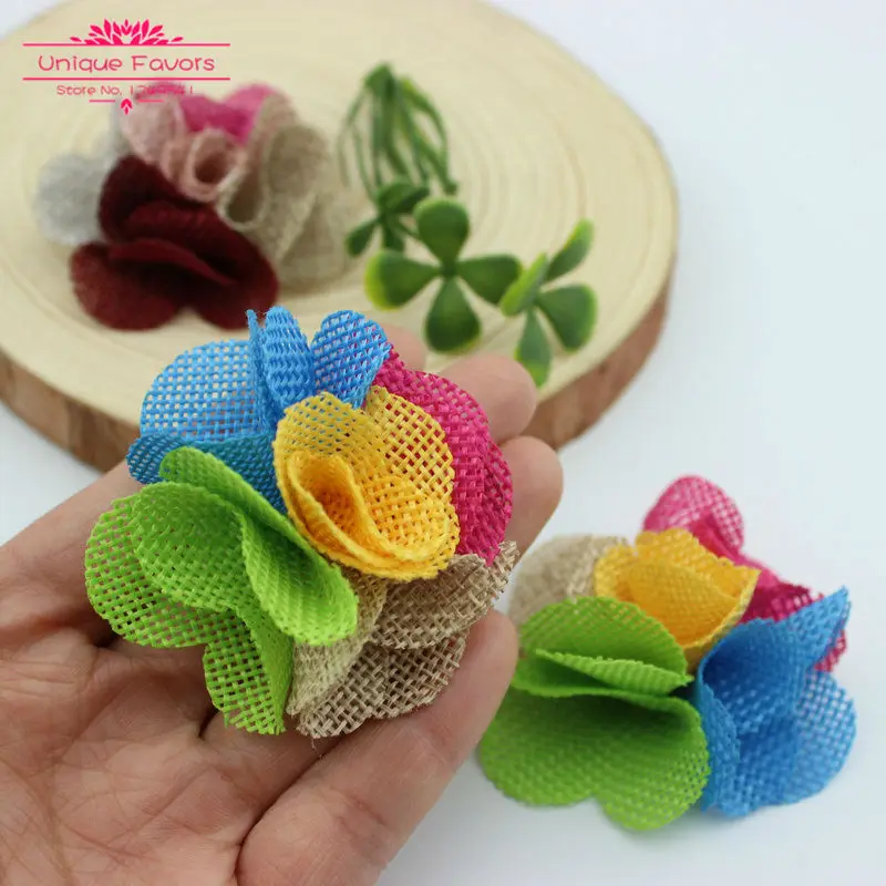 

25pcs 6cm Rustic Patchwork Linen Fabric Flowers Dyed Burlap Handmade Flowers Home Decor, Party Wreath, DIY Corsage Flower