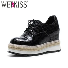 Wetkiss/Новое поступление Для женщин без каблука Пояса из натуральной кожи платформа лифта Обувь круглый носок Кружево до обувь весна Модные женские туфли