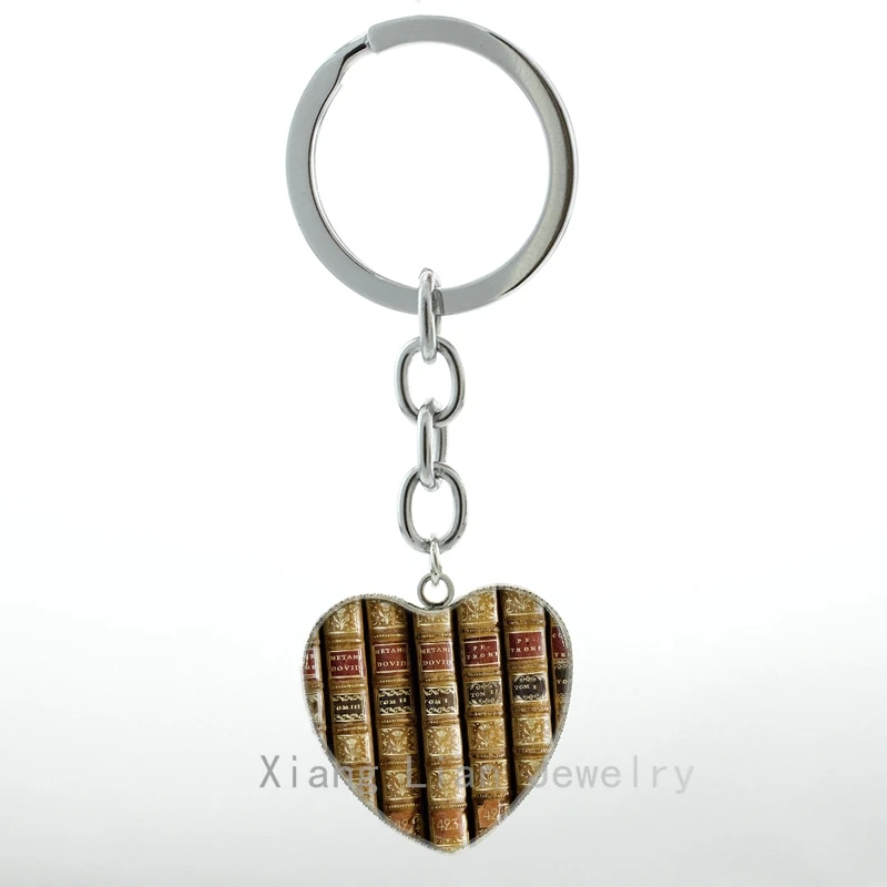 Antique Books in Library Heart Pendant key chain school students