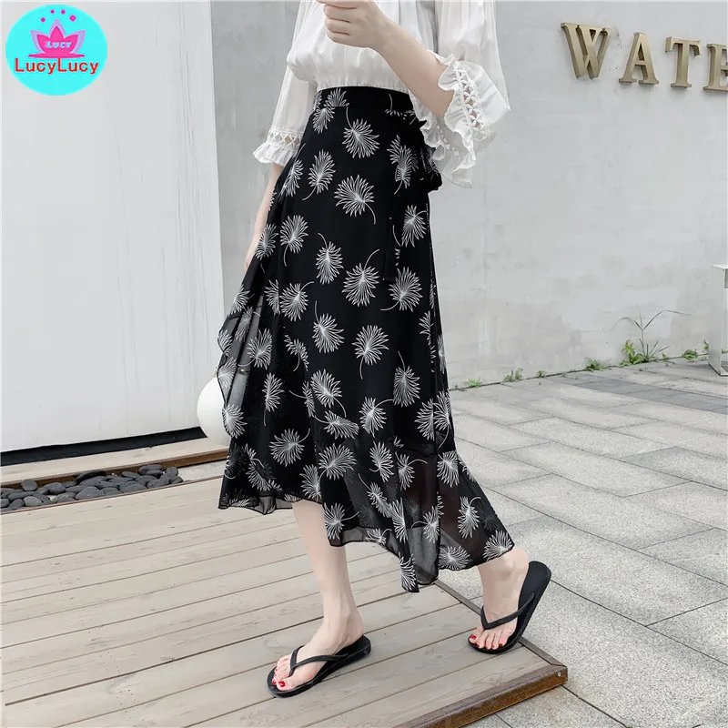 

2019 one-piece summer belt with long lotus leaf beach irregular fishtail chiffon floral skirt