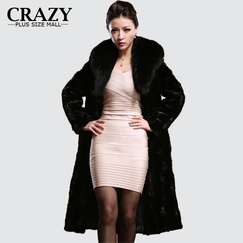 F1008 2018 Plus Size 6XL XXXL 4XL 5XL Winter Warm Full Length Faux Fur Coats With Fur Collar Vintage Fake Mink Fur Coats Women