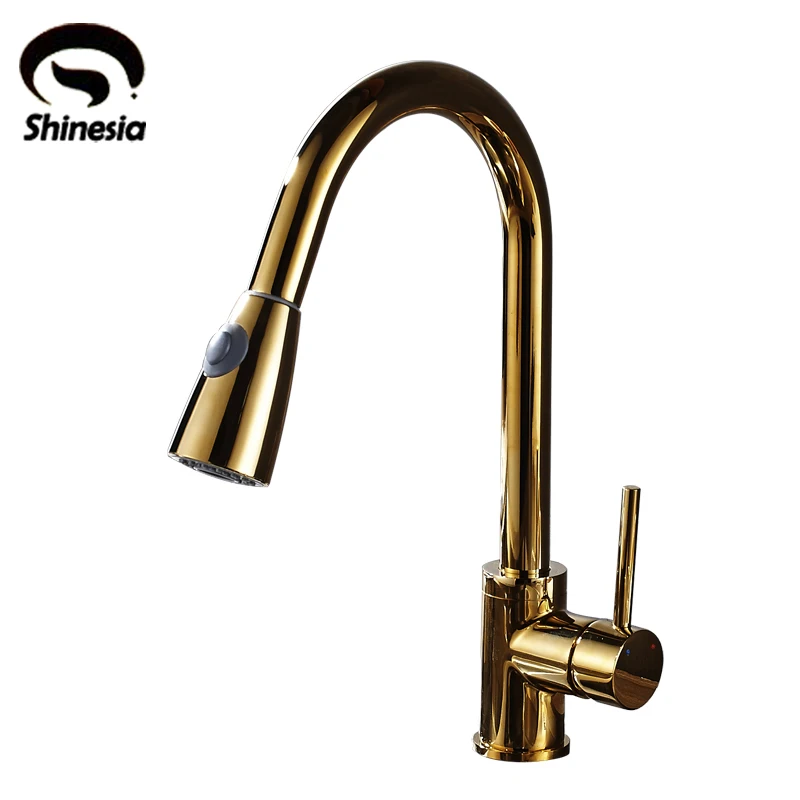 Luxury High Quality Golden Solid Brass Pull Down Kitchen Sink Faucet Single Handle Countertop Mixer Tap