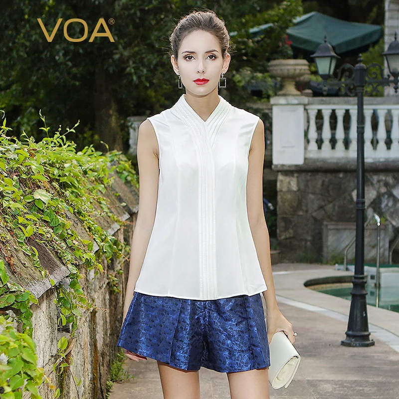 VOA шелковая блузка однотонные белые Для женщин топы плюс Размеры 5XL рубашка Китайский Стиль краткое простой тонкий Бизнес без рукавов Лето