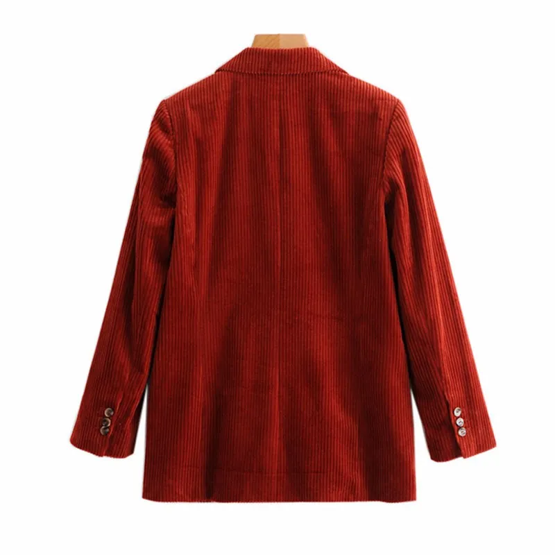 Autumn Fashion Women Corduroy Blazer Female Red Long Sleeve Pockets Double Breasted Jackets Solid Casual Ladies Office Coat
