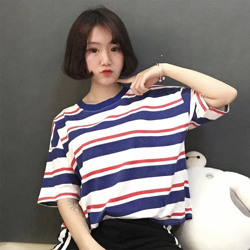 

Women's T-shirt Tunic Kawaii Girl Vintage Harajuku Style Striped T-shirt Female Casual Ulzzang Tunic For Women Female Ladies