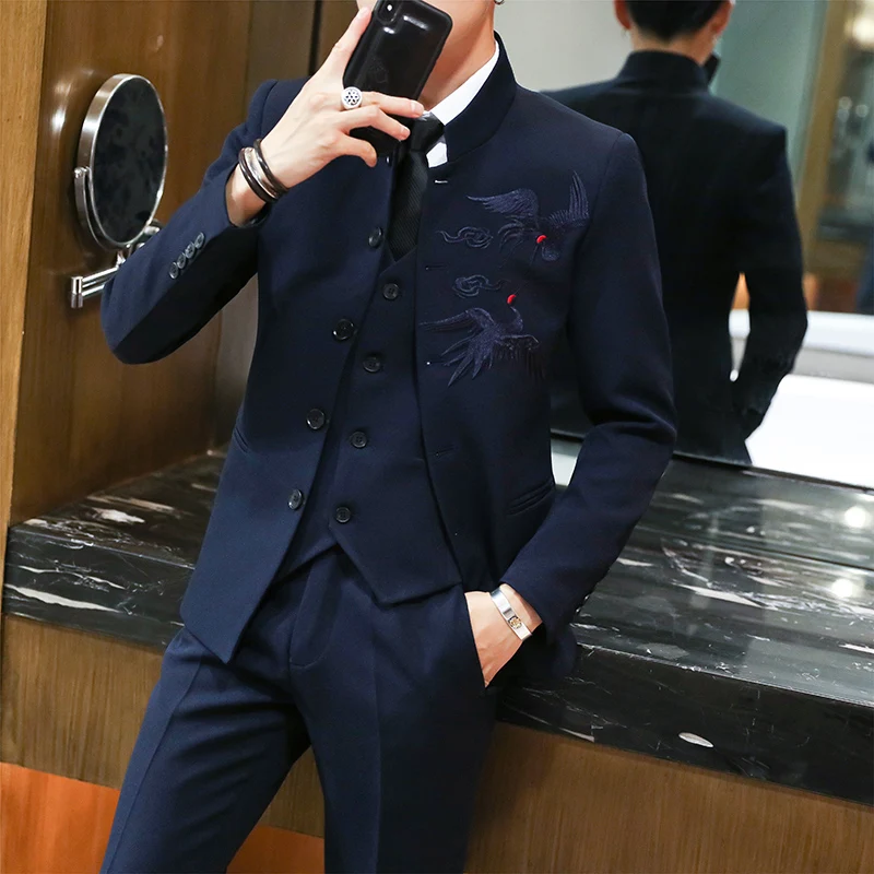 

Spring Autumn British Style Suits Groom Wedding Dress Suits Slim Fit Dragon Embroidery Business Three-piece Set Suit for Men