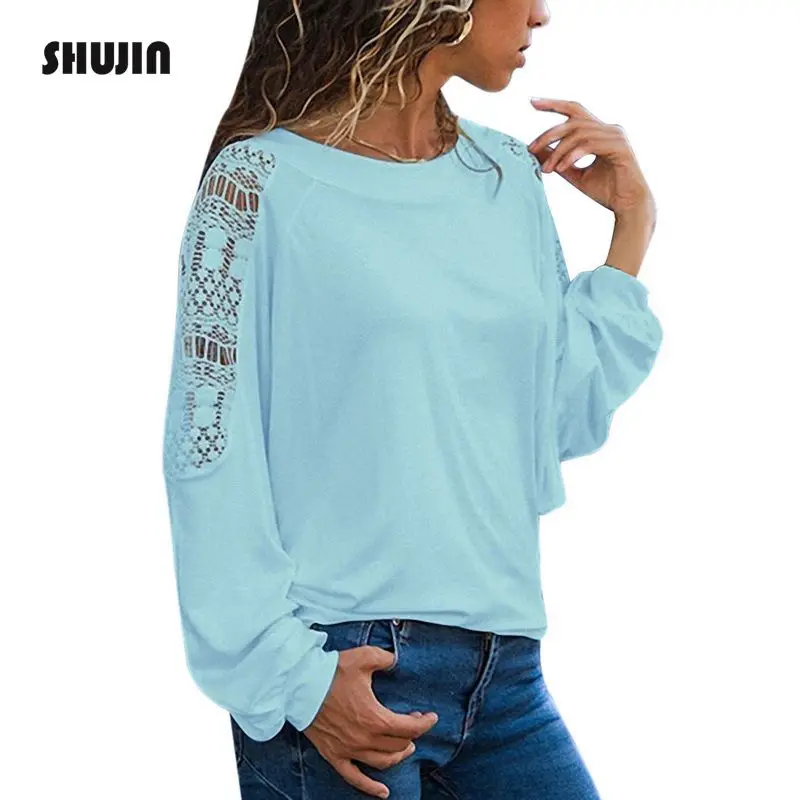 

SHUJIN Large Size Loose Lace Women T-Shirts 2018 Autumn Long Sleeve Casual T-Shirt Female Elegant Clothes Camiseta Top Shirt