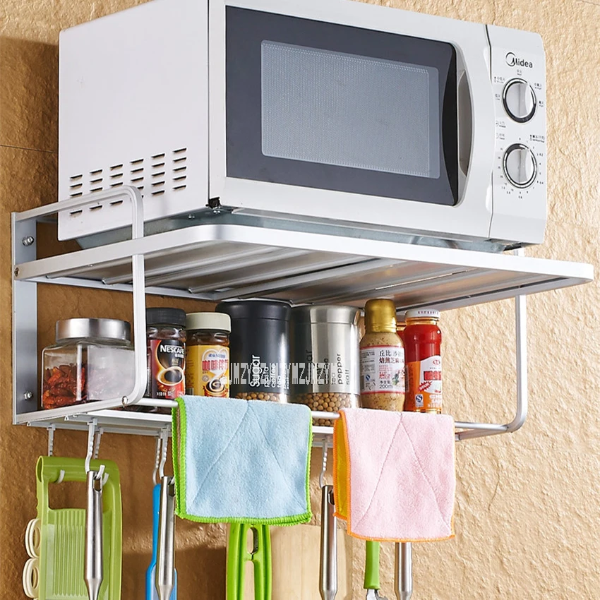 

Microwave Oven Storage Rack Stand 2-Layer Wall Microwave Oven Holder Shelf Space Aluminium Frame Wall Mounted Kitchen Bracket