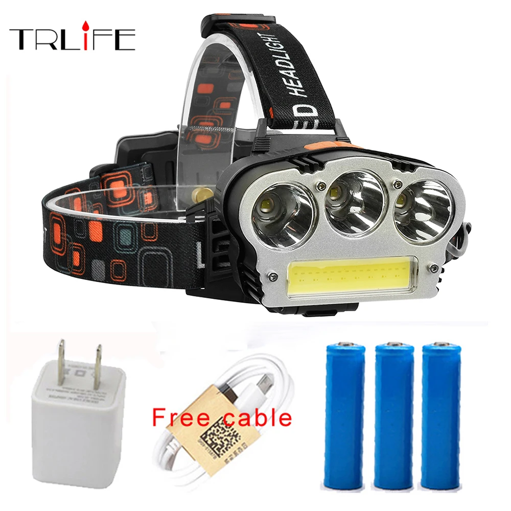 cheap 20000lums USB Rechargeable LED Headlamp 3*T6 COB Head Lamp Waterproof Outdoor Lighting Headlight by 3*18650 battery