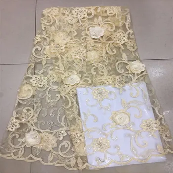 

2018 high quality lace Yellow French net lace fabric 3D flowers African tulle lace with sequins beads for party X1109