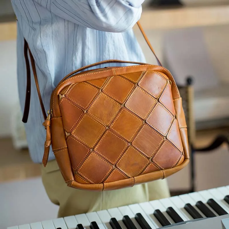 

EUMOAN Retro geometric stitching handbag top layer cowhide large capacity diagonal shoulder bag