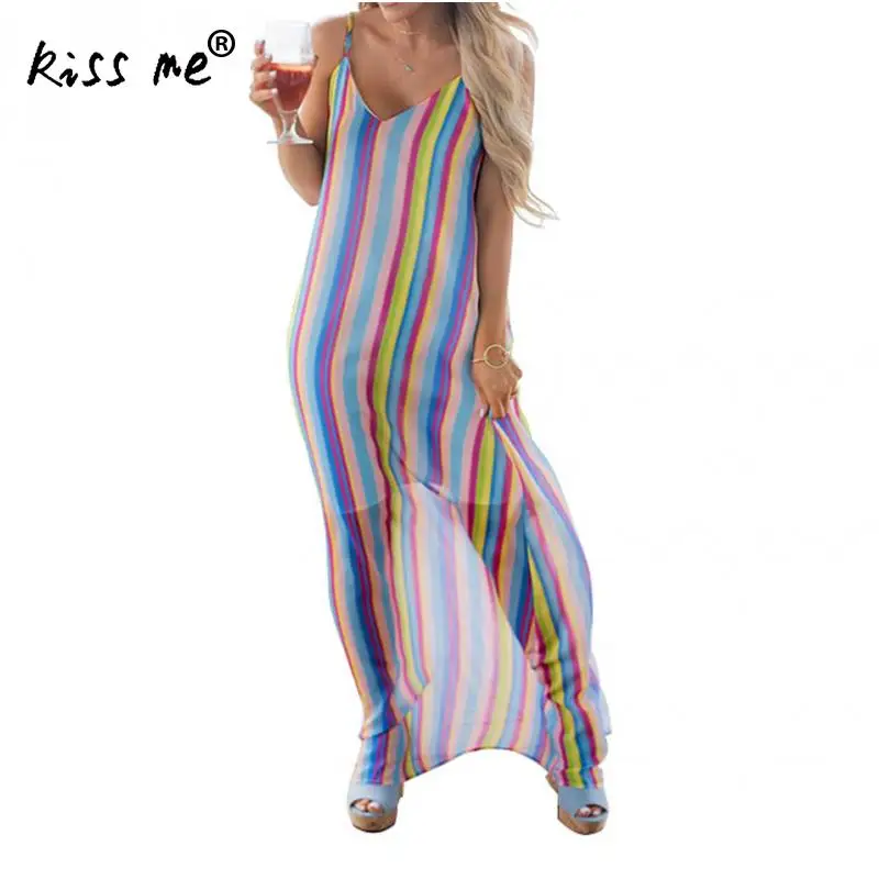 

Stripped Chiffon Long Beach Dress Vintage Bohemian Maxi Dress Beach Cover Up Sling Slip Dress Backless Summer Holiday Sun Dress