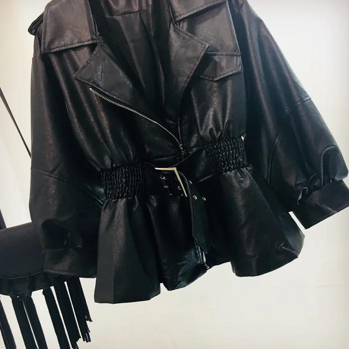 Gaganight осенняя куртка из искусственной кожи женская модная черная мотоциклетная куртка платья Ruched Sash искусственная кожа мягкая куртка для девочек Chaqueta Mujer