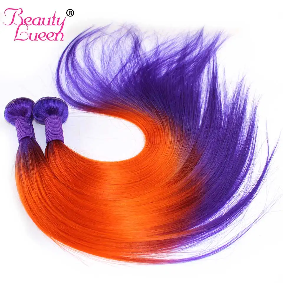 Tpurple Orange Purple Ombre Straight Hair 3 Bundles With Frontal