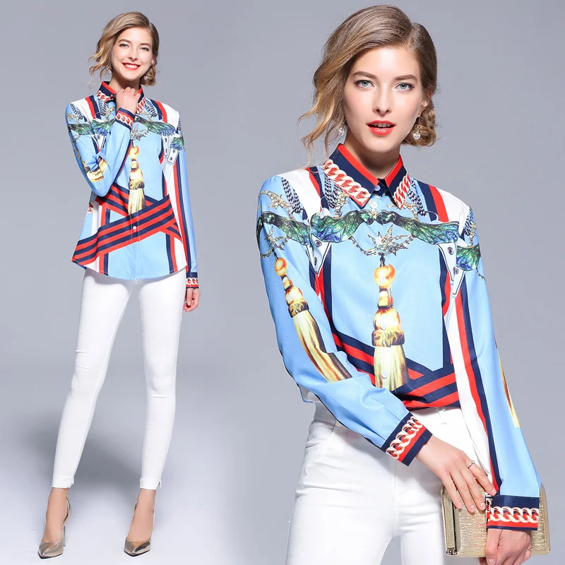 

New 2019 Spring Summer Fall Runway Vintage Print Collar Long Sleeve OL Turn-Down Neck Womens Party Casual Top Shirts Blouse