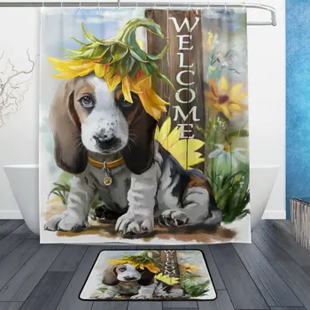 

Lovely Animal Dog Puppy Shower Curtain and Mat Set, Sunflower Vintage Retro Waterproof Fabric Bathroom Curtain