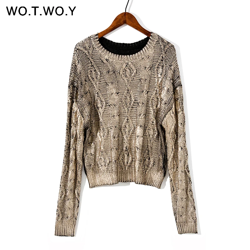 Najtaniej WOTWOY 2019 jesienno zimowa błyszczące złoto znaczek krzyżowana dzianina kobiety swetry Casual miękkie O Neck z długim rękawem sweter kobiet