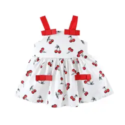 Летнее милое платье без рукавов с принтом вишни для маленьких девочек повседневное детское Пышное летнее платье мини