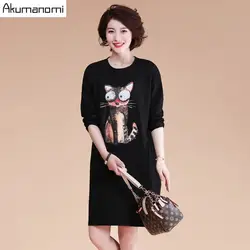 Осень Хлопковое платье Женская одежда черный o-образным вырезом длинный рукав кошки аппликации краткое весеннее платье плюс Размеры 5xL 4XL 3xl