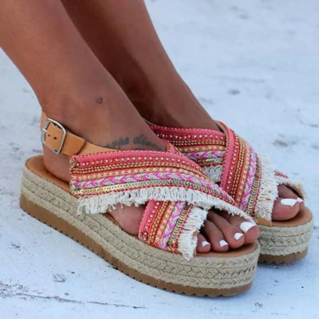 

Summer Style Sandals Breathable Comfort Open Toe Ankle Tassel Beading Shoes National wind weaving Thick Bottom Roman Sandals