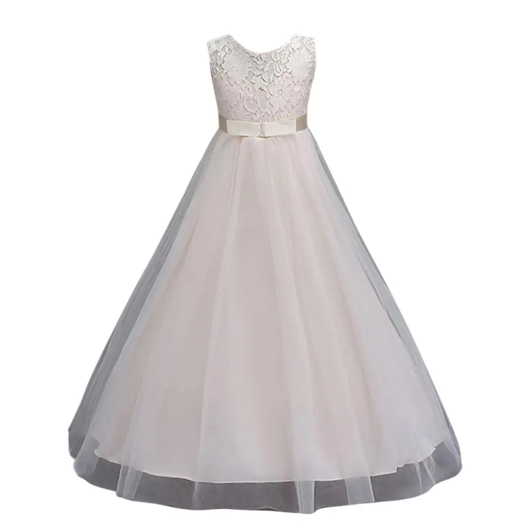 Girl O-Neck Sleeveless Floral Lace Bowknot Princess Style Party Casual Children Dress Spring Autumn Summer | Детская одежда и