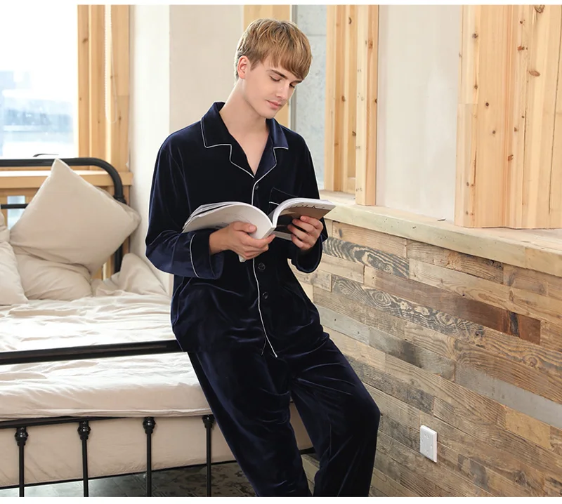 Твердые Кнопка с длинным рукавом мужская пижама теплая зимняя Пижама Для мужчин комплект высококачественный велюр пижамы Для мужчин