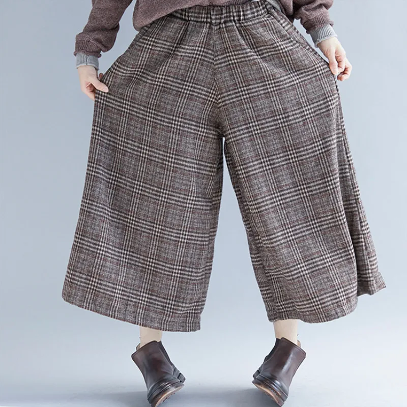 Johnature, новинка, повседневные свободные Модные клетчатые штаны с эластичной резинкой на талии, широкие штаны, весна размера плюс, женские корейские штаны