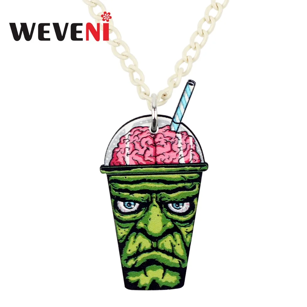 

WEVENI Acrylic Halloween Anime Zombie Brain Drink Necklace Pendant Chain Fashion Punk Party Jewelry Charms For Women Girls Femme