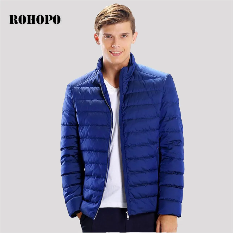 

ROHOPO Slim Korea Man Down Jacket 2019,Stand Collar Male Warm Casual Jacket Coat,light Fashion Man Striped winter Jackets brand