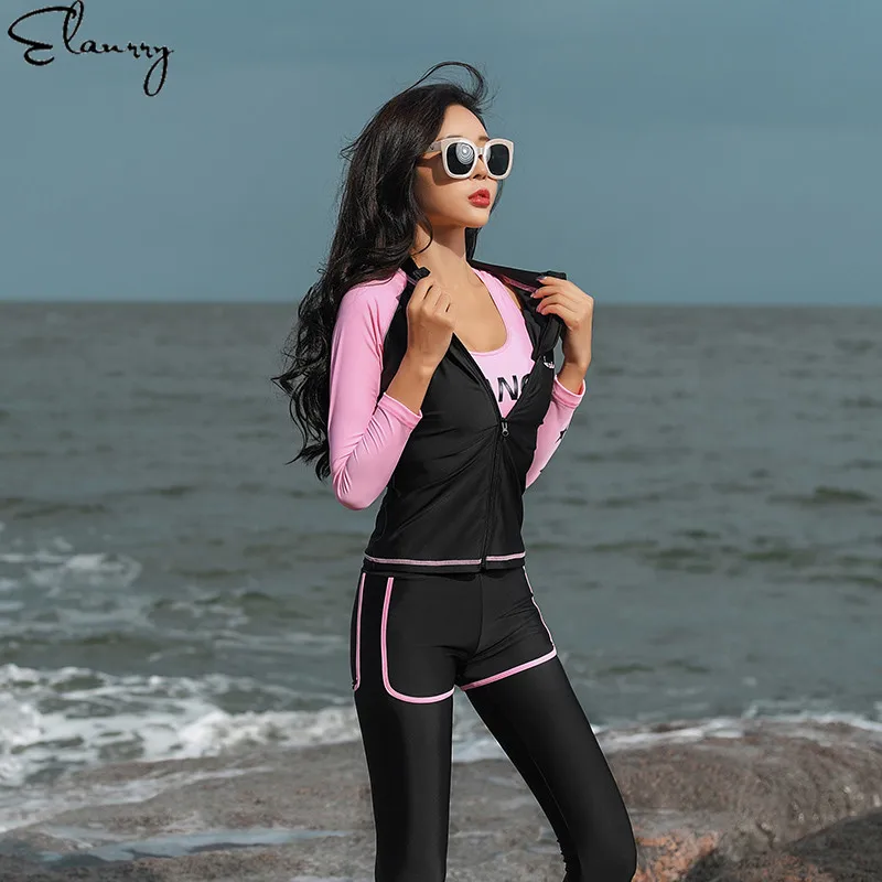 2019 ملابس السباحة طويلة الأكمام طقم سباحة حريمي الرجعية ملابس السباحة Rashguards 5 أجزاء تصفح بِدل السباحة الشاطئ ارتداء داخلية